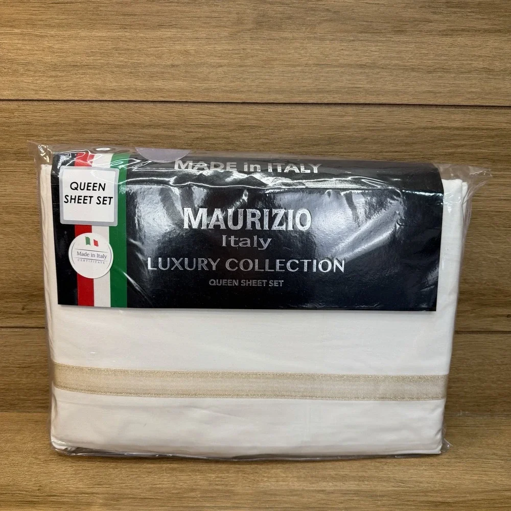 Maurizio Italy QUEEN Sheet Set White Gold Ribbon Luxury Cotton 4pc NEW